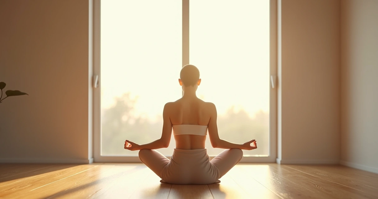 Pessoa sentada em posição meditativa em ambiente minimalista