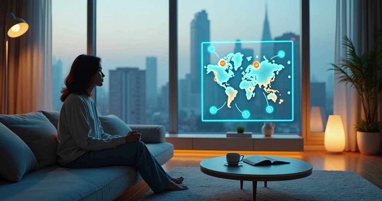 Pessoa observando seus pensamentos diante de um painel com padrões emocionais 