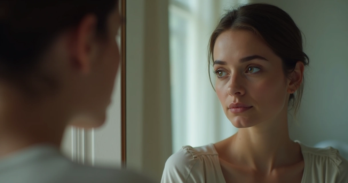 Pessoa olhando para si mesma no espelho com expressão serena 