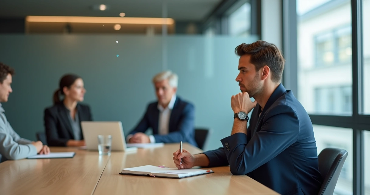 Profissional em reunião refletindo com calma sobre as próprias reações no trabalho 