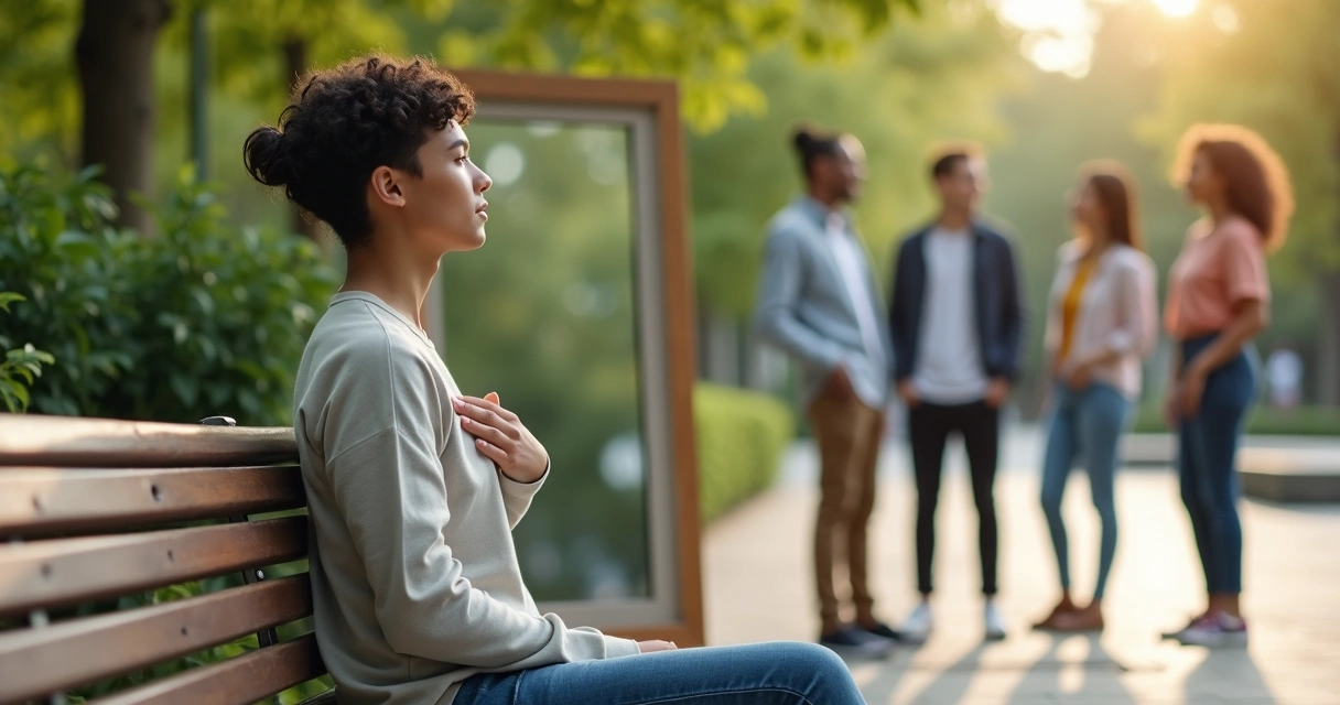Pessoa refletindo diante do espelho cercada por grupo em conversa harmoniosa 