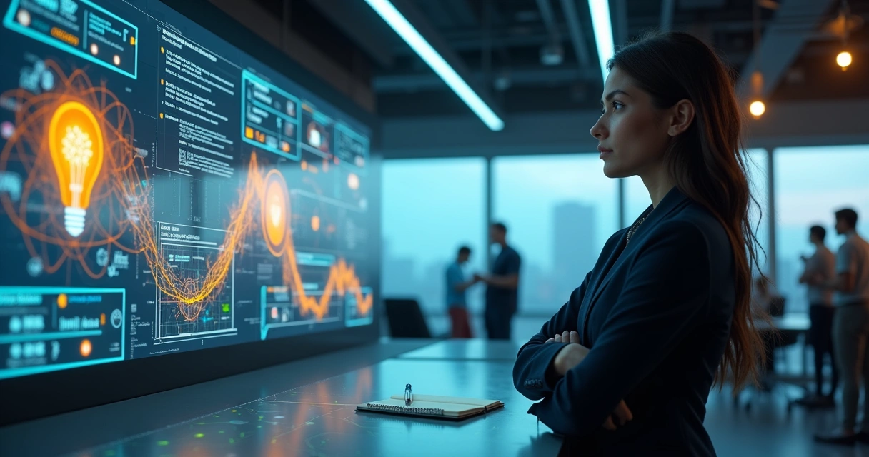 Profissional em frente a painel digital avaliando riscos e oportunidades de inovação 