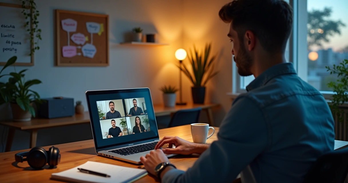 Profissional em home office refletindo diante da tela com colegas em videoconferência 