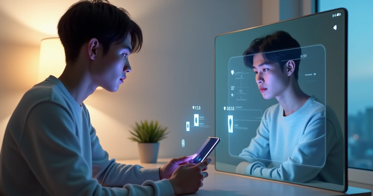 Pessoa olhando para o celular enquanto observa o próprio reflexo em um espelho digital com ícones de redes sociais ao redor 