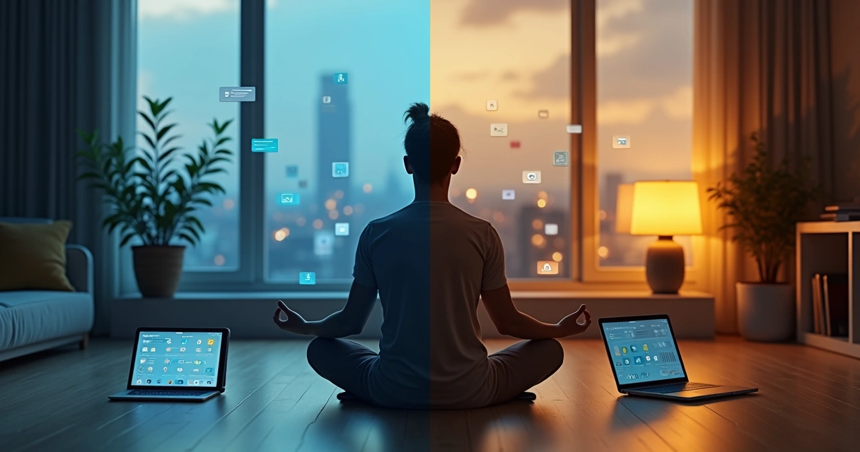 Pessoa meditando diante de vários dispositivos digitais com ambiente dividido entre calma e excesso de informação 