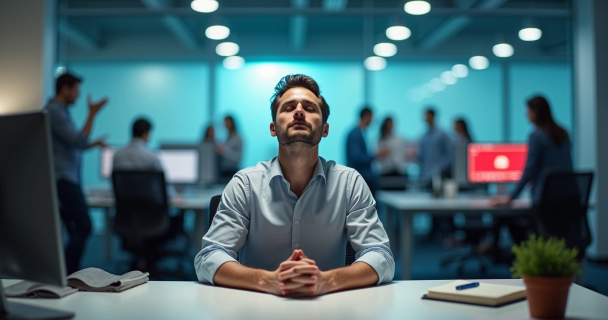Pessoa sentada em escritório caótico mantendo expressão calma em meio ao estresse 