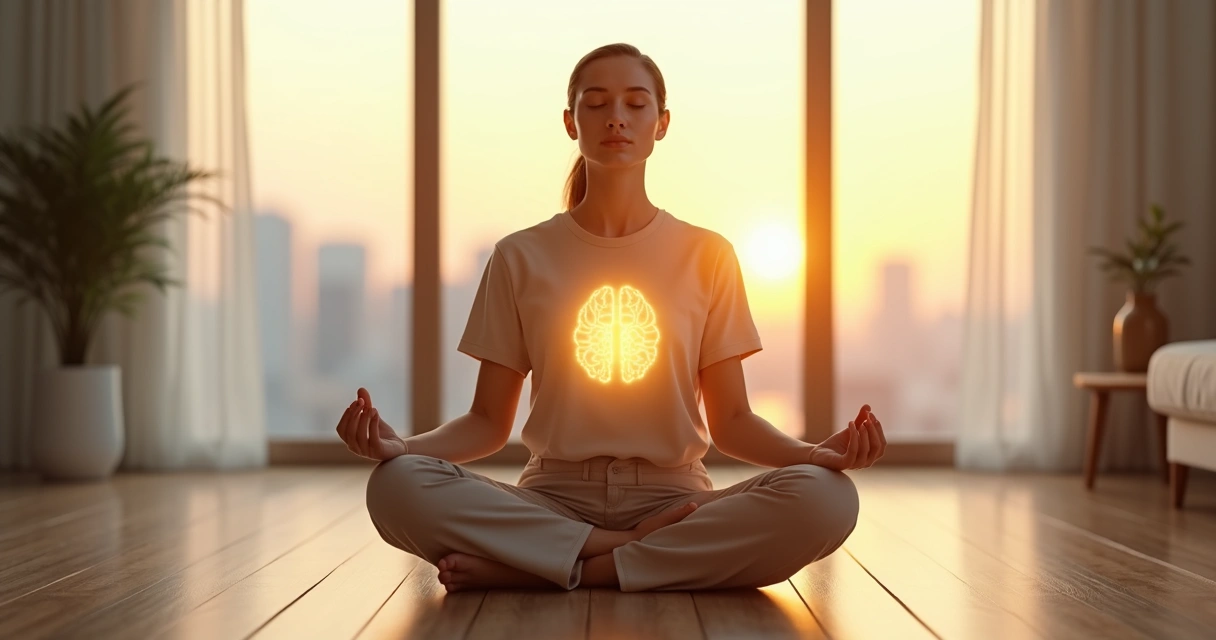 Pessoa sentada em posição de meditação com luz suave saindo do peito e mente calma ao fundo 