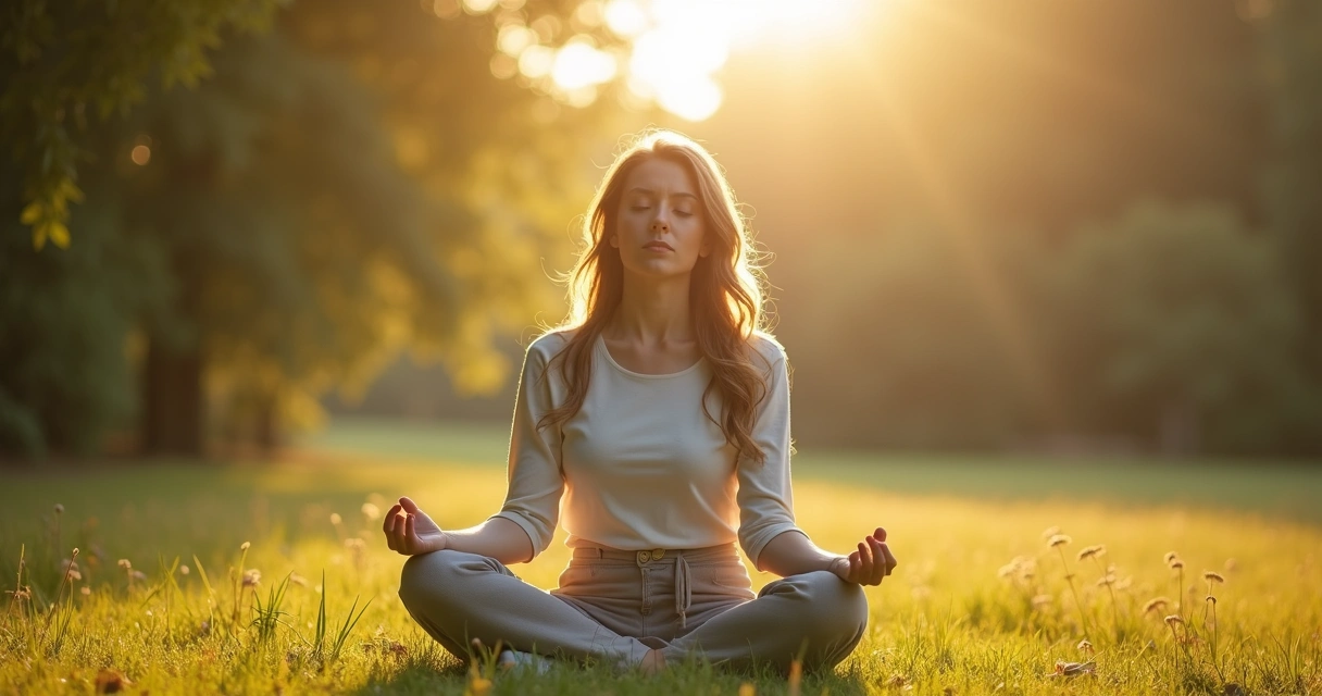 Pessoa em meditação em ambiente natural, com expressão calma 
