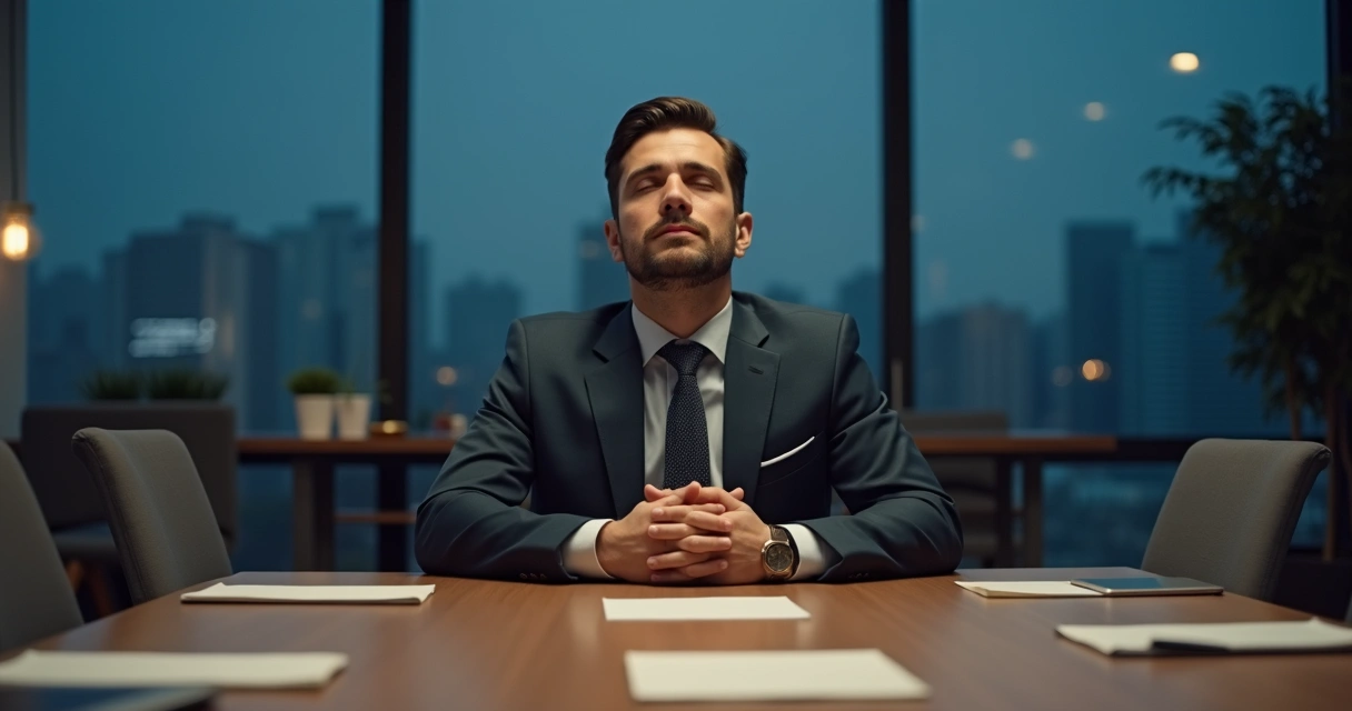 Homem sentado em sala de reunião, olhos fechados, mãos no peito em autocontrole 