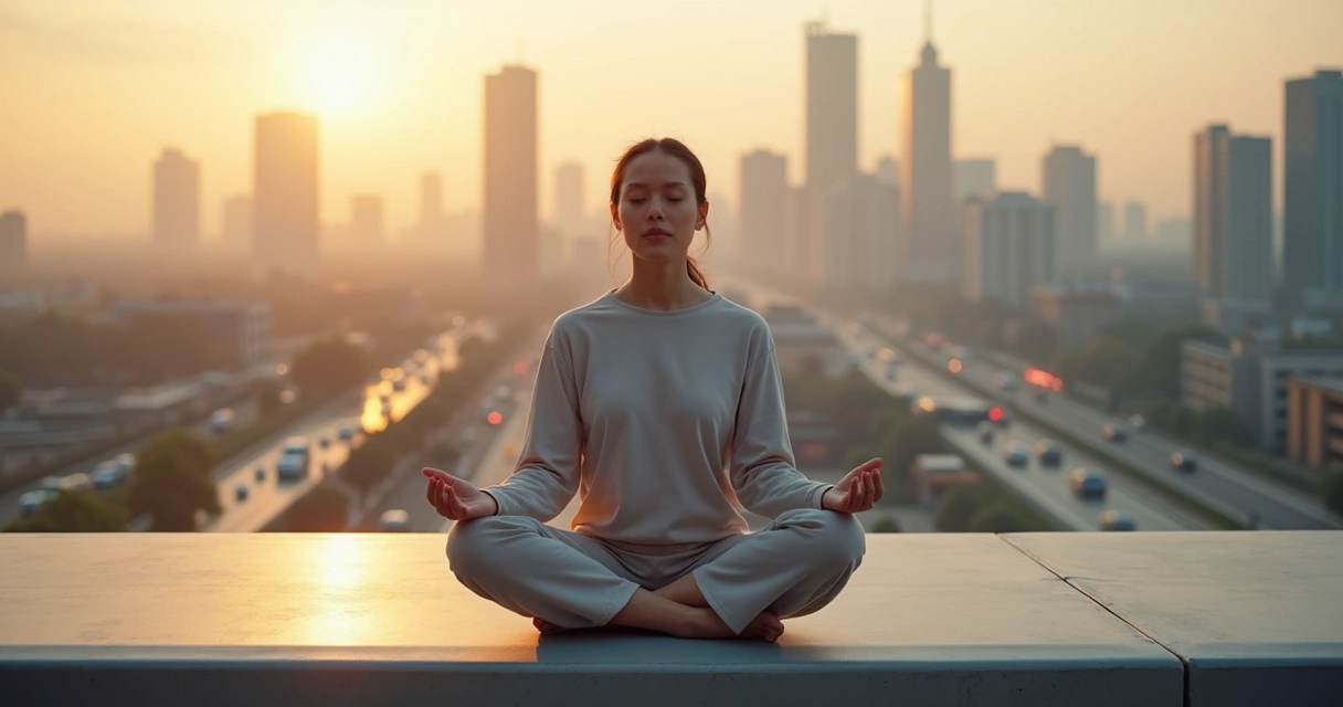 Pessoa sentada em posição relaxada respirando fundo diante de uma cidade ao fundo 