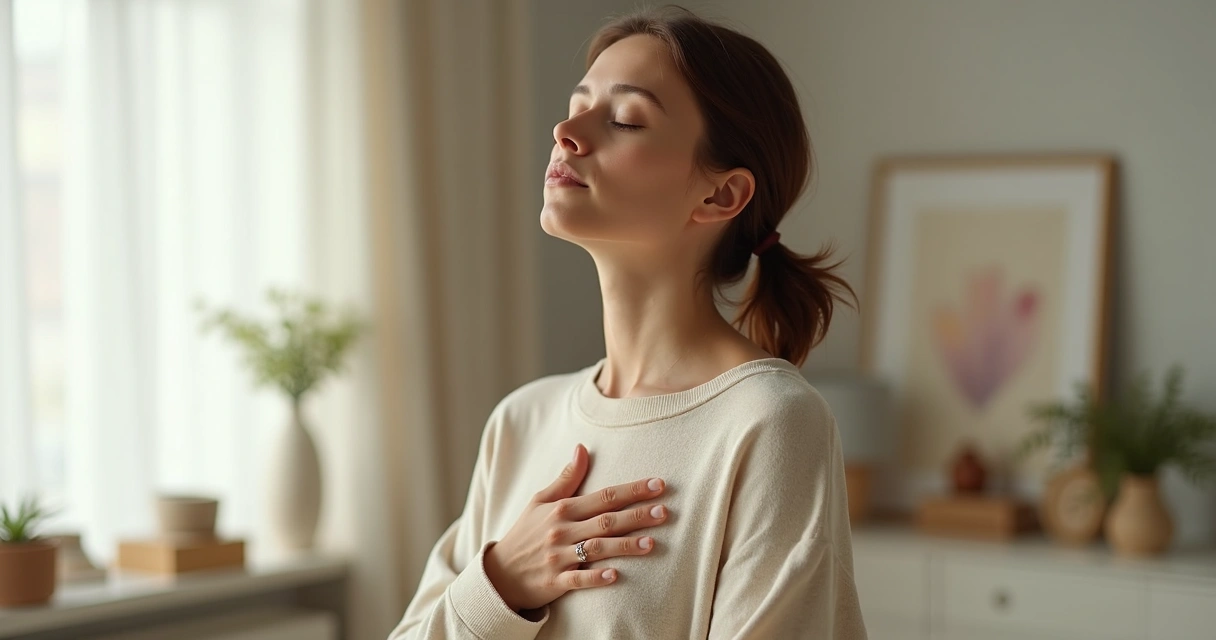 Pessoa inspirando profundamente, olhos fechados, mão sobre peito em ambiente tranquilo