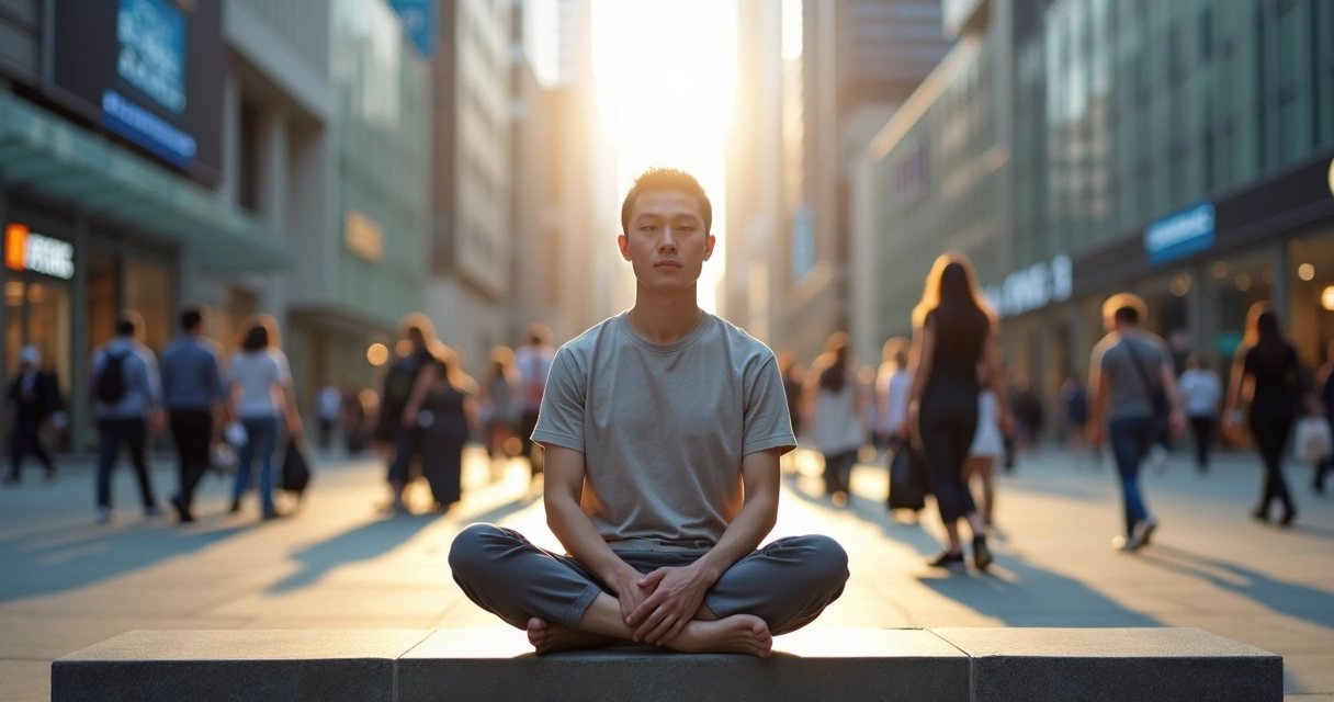 Pessoa sentada em posição de meditação em meio a cenário urbano agitado 