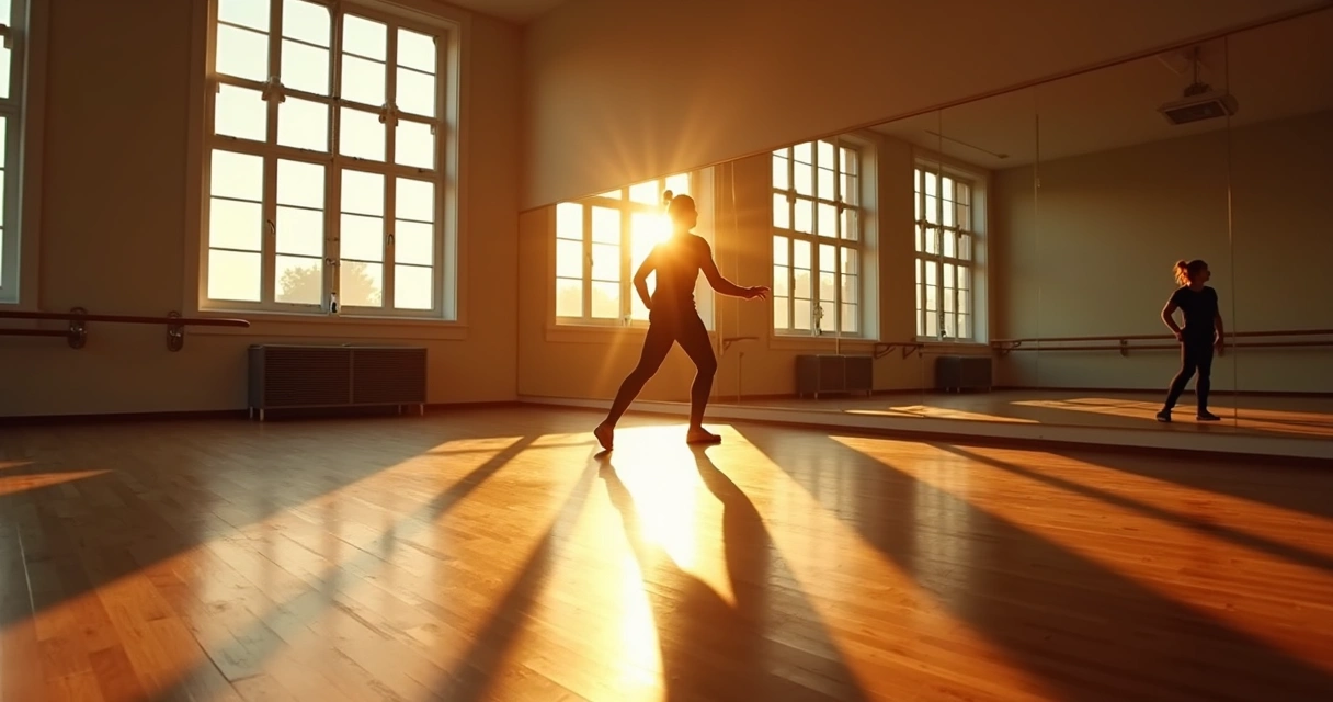 Pessoa sozinha em ampla sala de dança dividida entre passos coreografados e movimento livre 