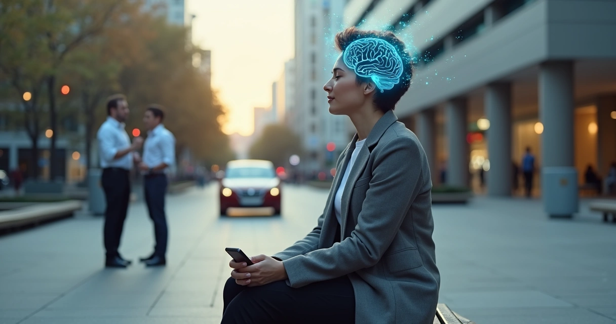 Pessoa em reflexão calma no meio de um ambiente urbano com elementos visuais de cérebro e conexões neurais 