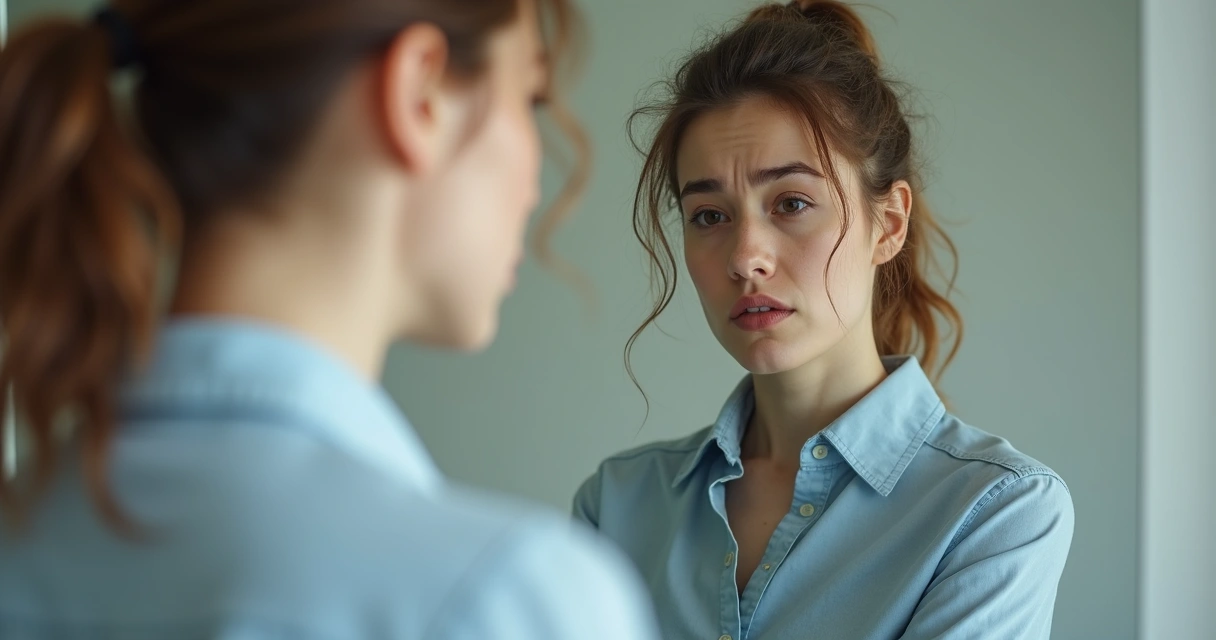 Pessoa diante do espelho, metade do reflexo com expressão confiante e a outra metade insegura 