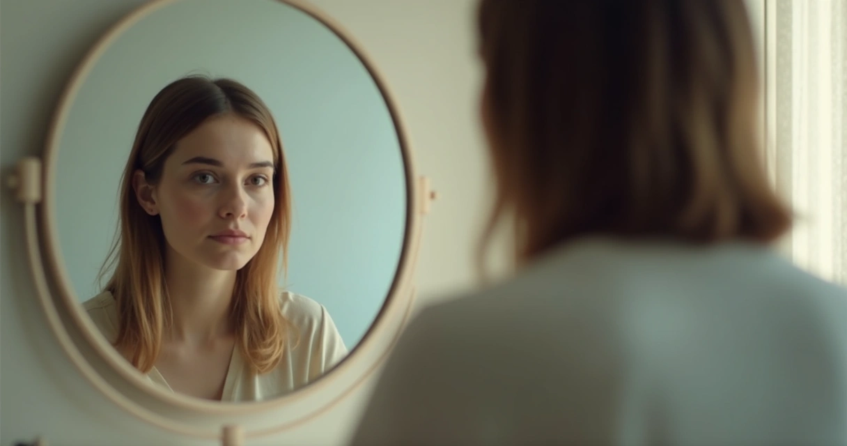 Persona reflexionando frente a un espejo, fondo neutro. 