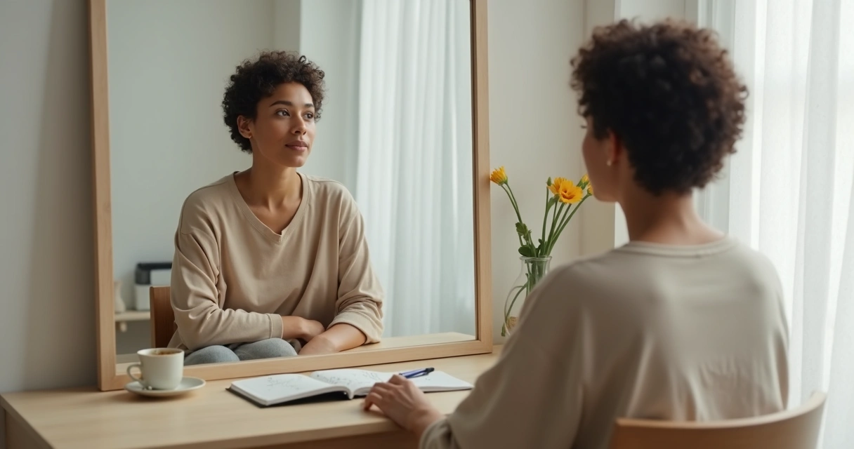 Pessoa refletindo diante do espelho com expressão serena e caderno de anotações ao lado 