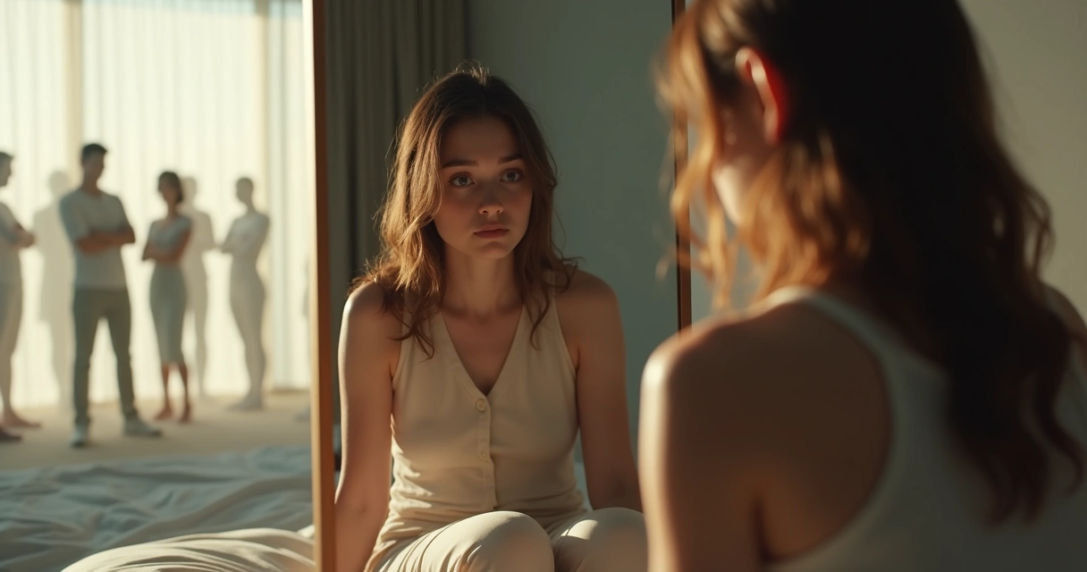 Persona reflexionando frente al espejo con sombras de figuras sociales a su alrededor 