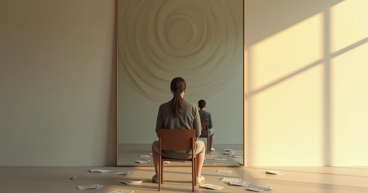 Pessoa refletindo diante de si mesma em espelho dividido entre sombra e luz 