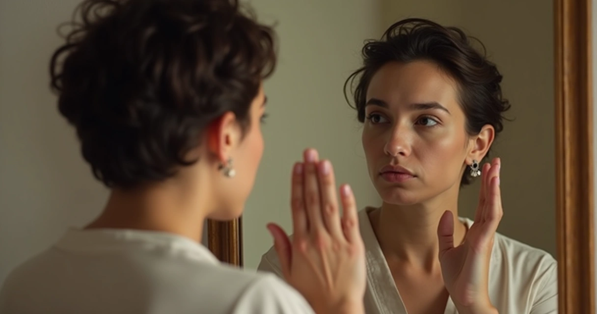 Pessoa olhando para o espelho com expressão séria, refletindo sobre si mesma. 