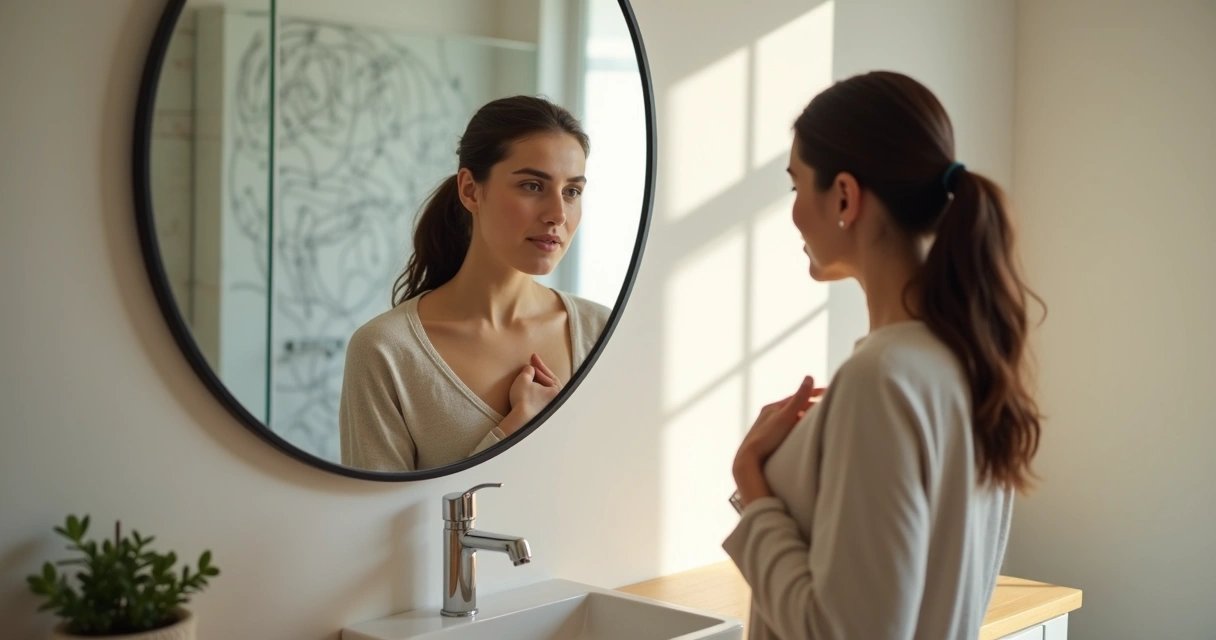 Pessoa refletindo diante do espelho com expressão pensativa e acolhedora 