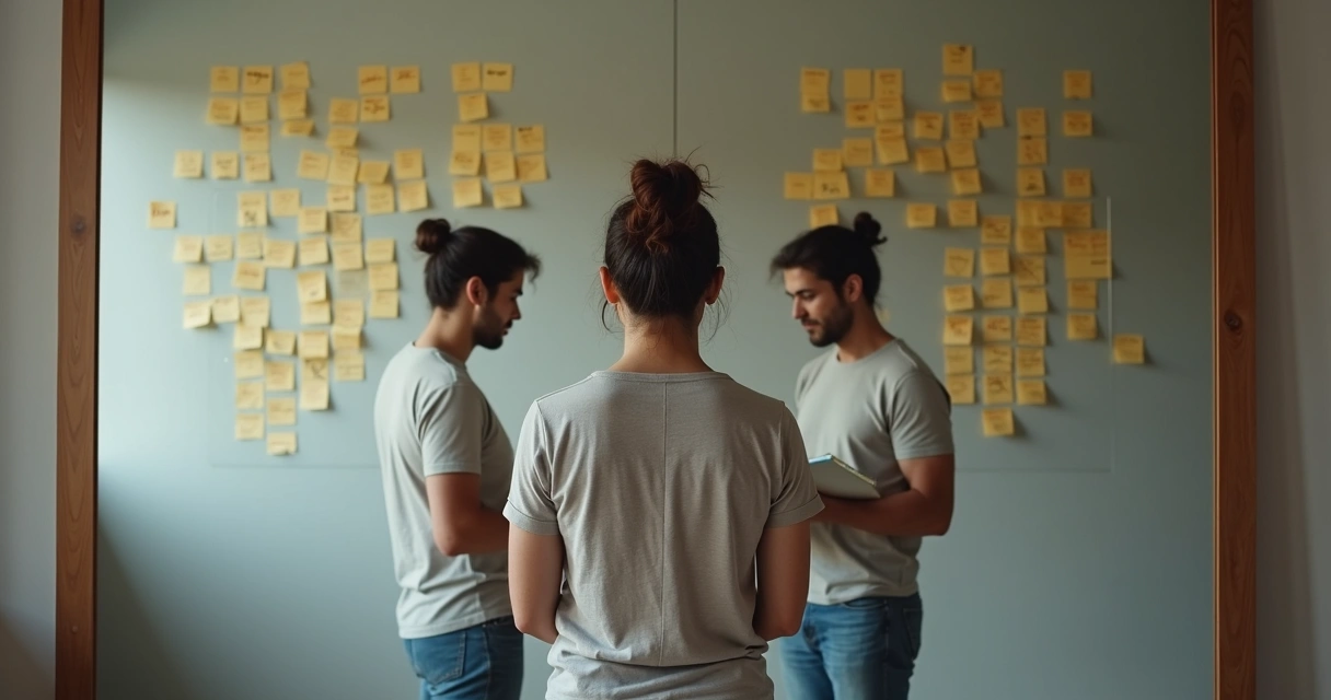 Persona frente al espejo con un reflejo seguro y otro abrumado 