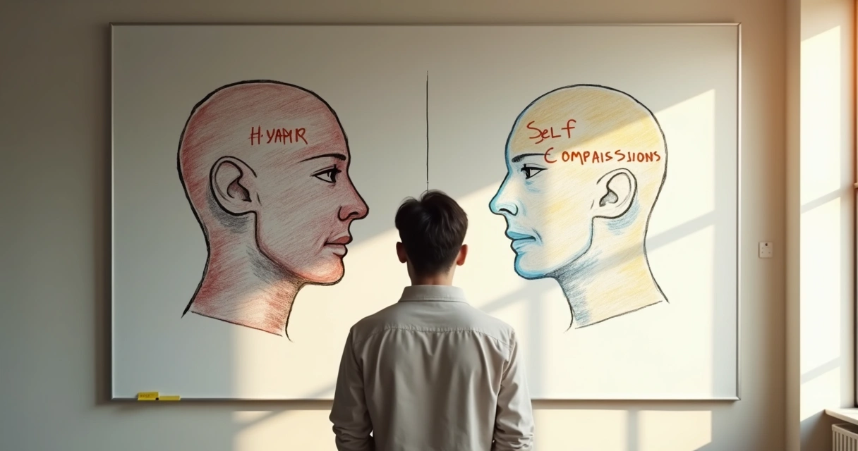 Pessoa diante de quadro branco com silhuetas críticas e compassivas 