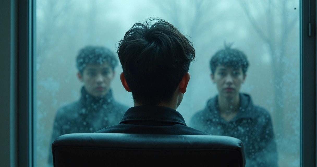 Persona viendo su reflejo distorsionado en un espejo, fondo borroso y colores fríos, actitud pensativa 