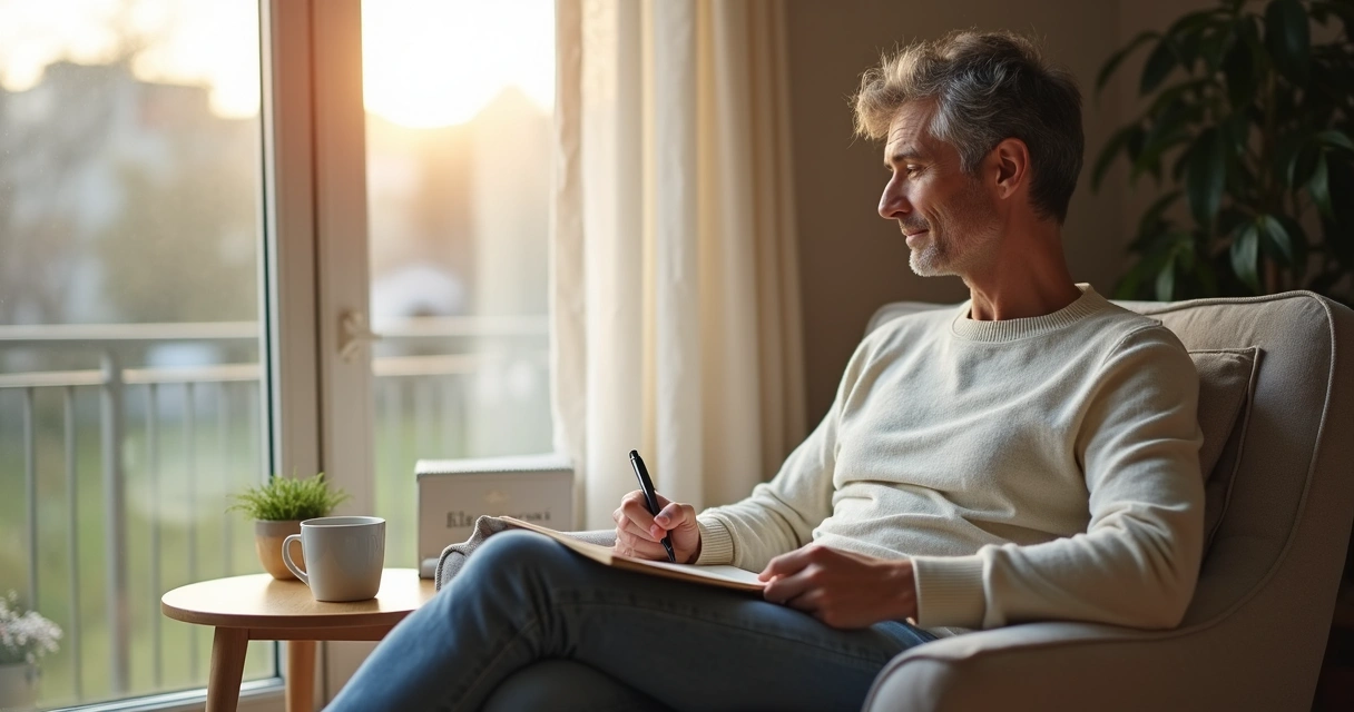 Pessoa sentada refletindo em paz em frente à janela 