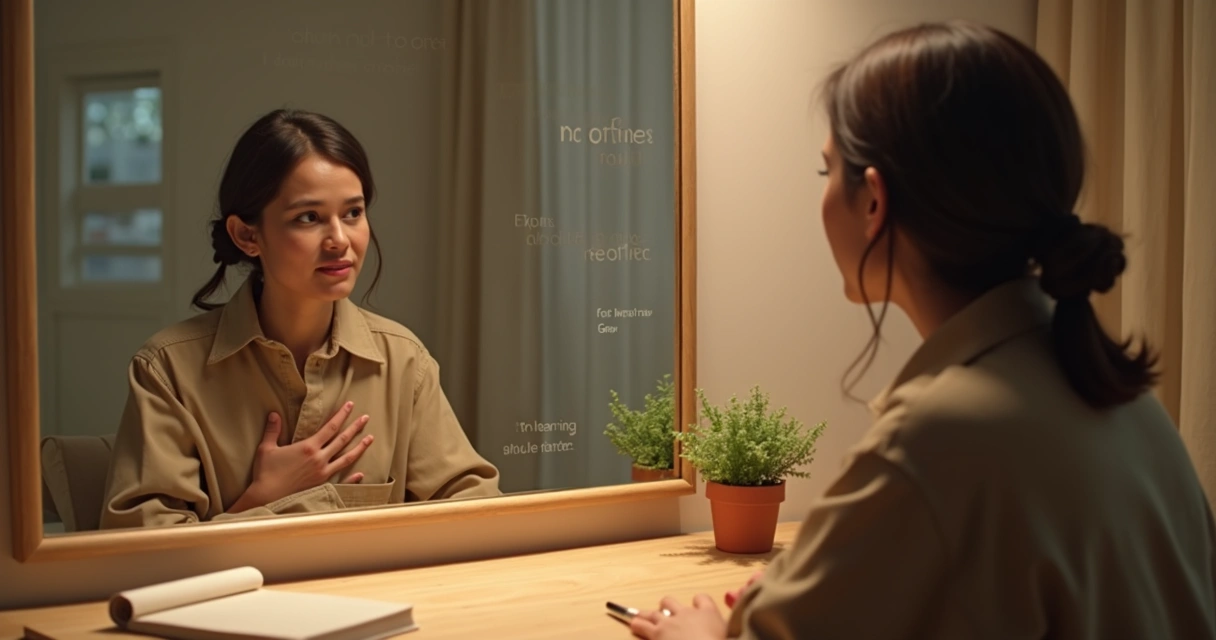 Pessoa refletindo diante do espelho com expressão serena e acolhedora 