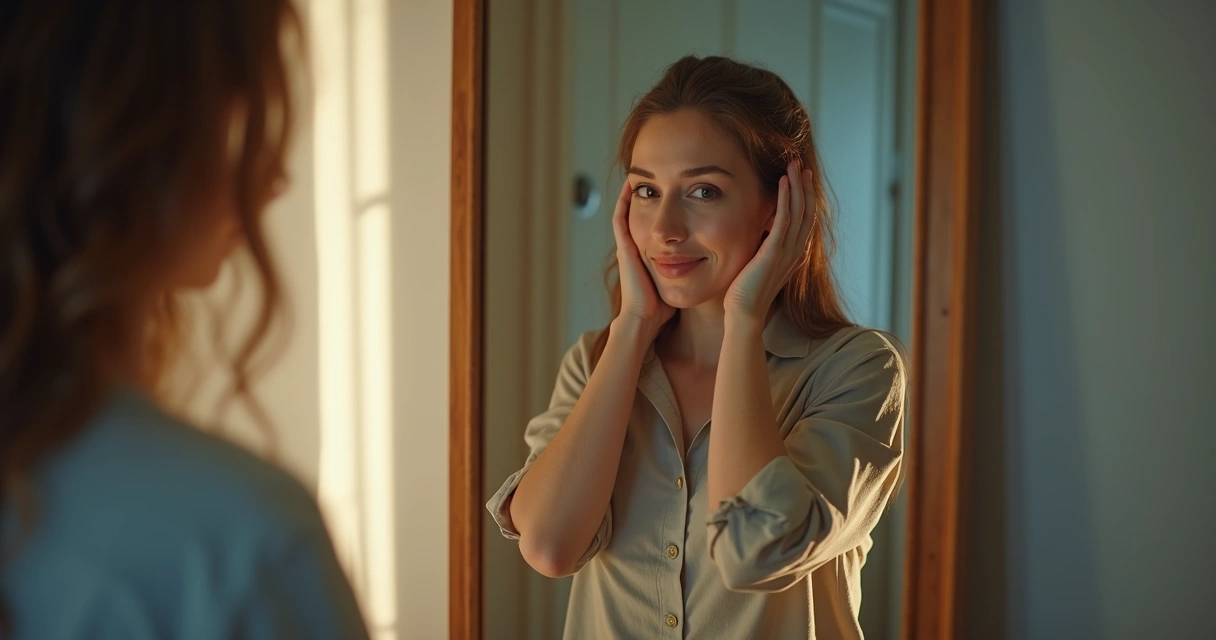 Pessoa diante do espelho, do lado esquerdo sorrindo para si, do direito parecendo estressada e cabisbaixa 