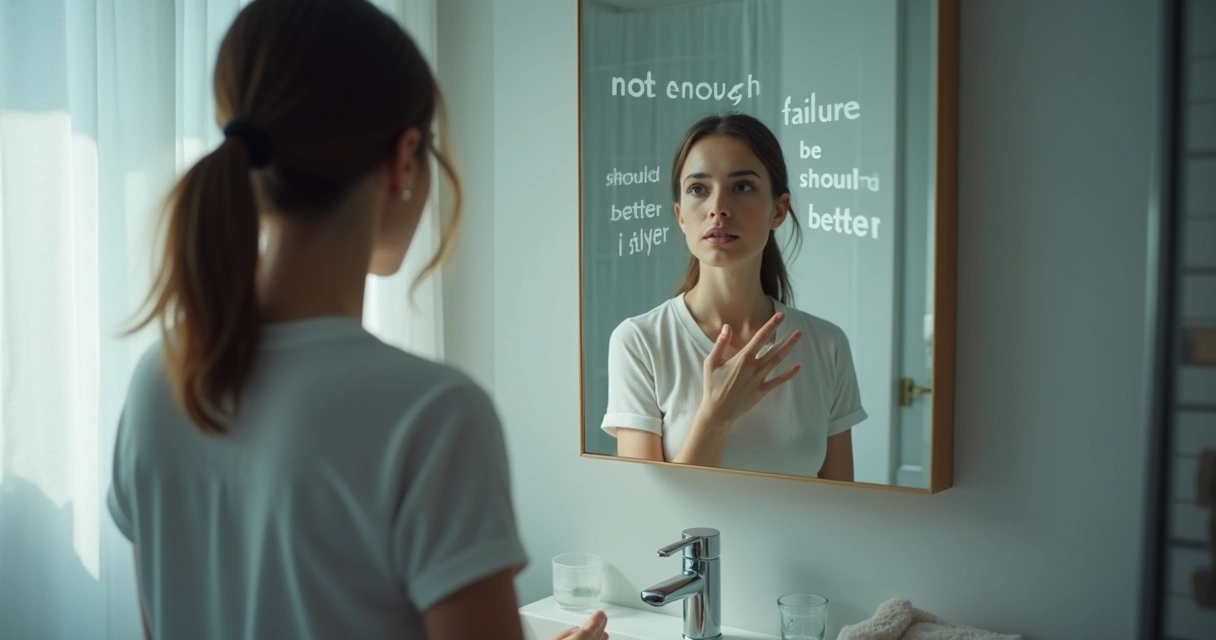 Pessoa pensativa diante do espelho com olhar crítico e reflexivo 