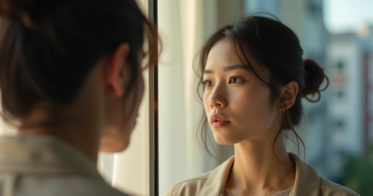 Mujer mirando su reflejo en el espejo con expresión reflexiva