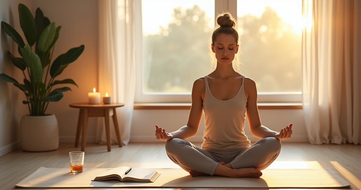 Mulher sentada em posição de meditação perto da janela com caderno de autocuidado ao lado 