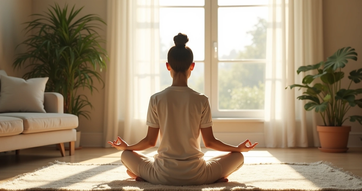Pessoa praticando meditação em casa, ambiente minimalista e calmo. 