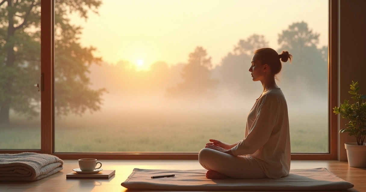 Persona sentada frente a una ventana grande practicando autocuidado y reflexión interior 