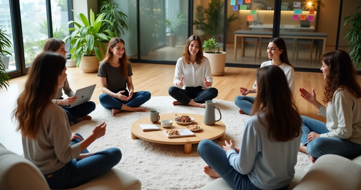 Equipe em círculo de descanso em espaço corporativo acolhedor 