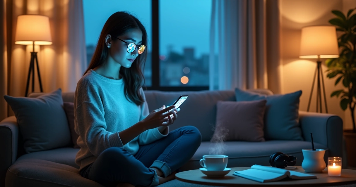 Mulher sentada em sofá equilibrando celular e momento de autocuidado com xícara de chá 