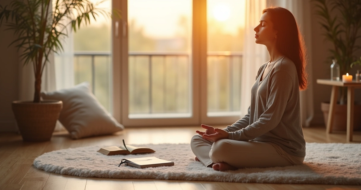 Pessoa sentada em posição de meditação perto da janela com caderno de anotações ao lado 