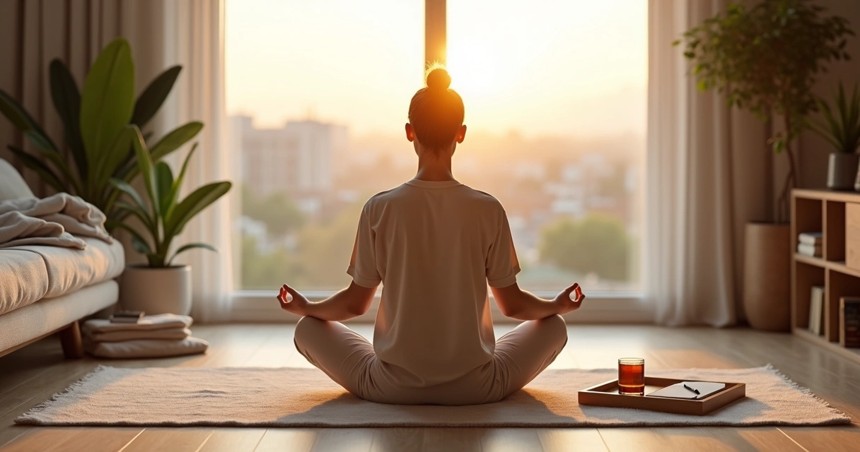 Persona meditando junto a la ventana con elementos de autocuidado y bienestar diario 