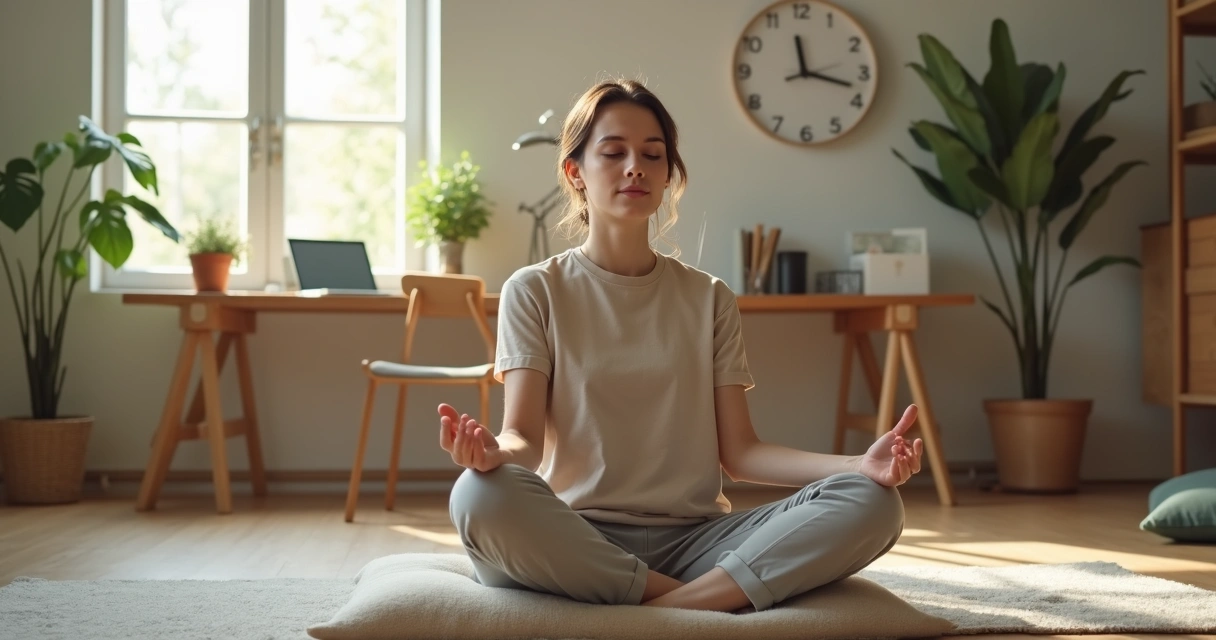 Pessoa sentada em posição de meditação em um ambiente de trabalho calmo com luz suave 