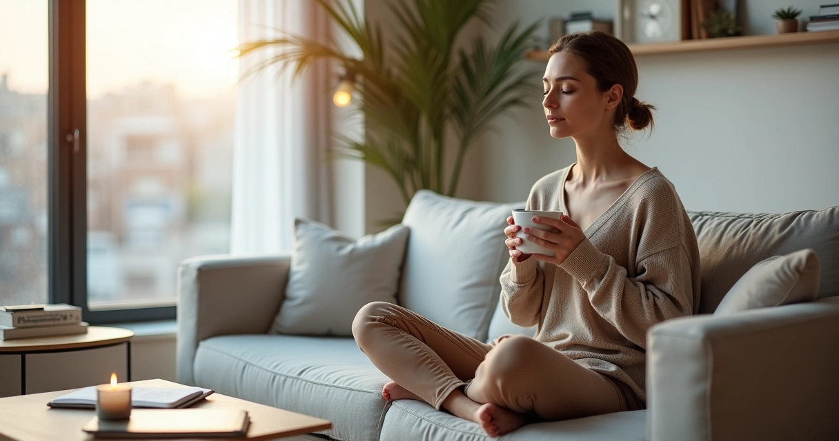 Mulher sentada no sofá fazendo pausa de autocuidado em dia corrido 