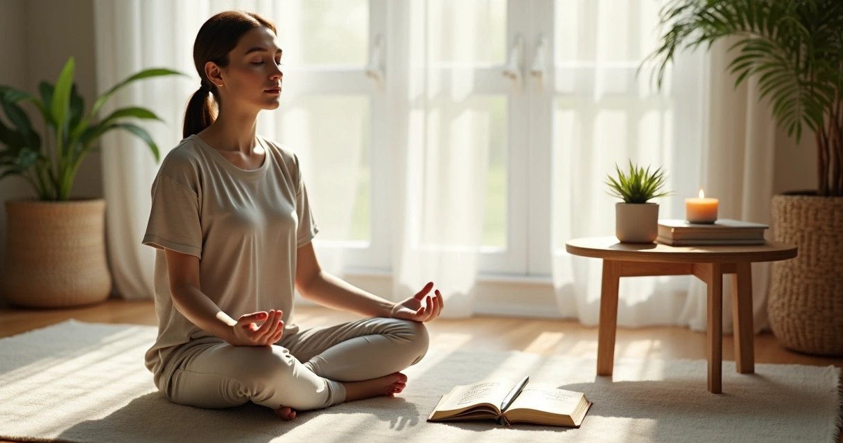 Pessoa sentada perto da janela meditando com caderno de anotações ao lado 