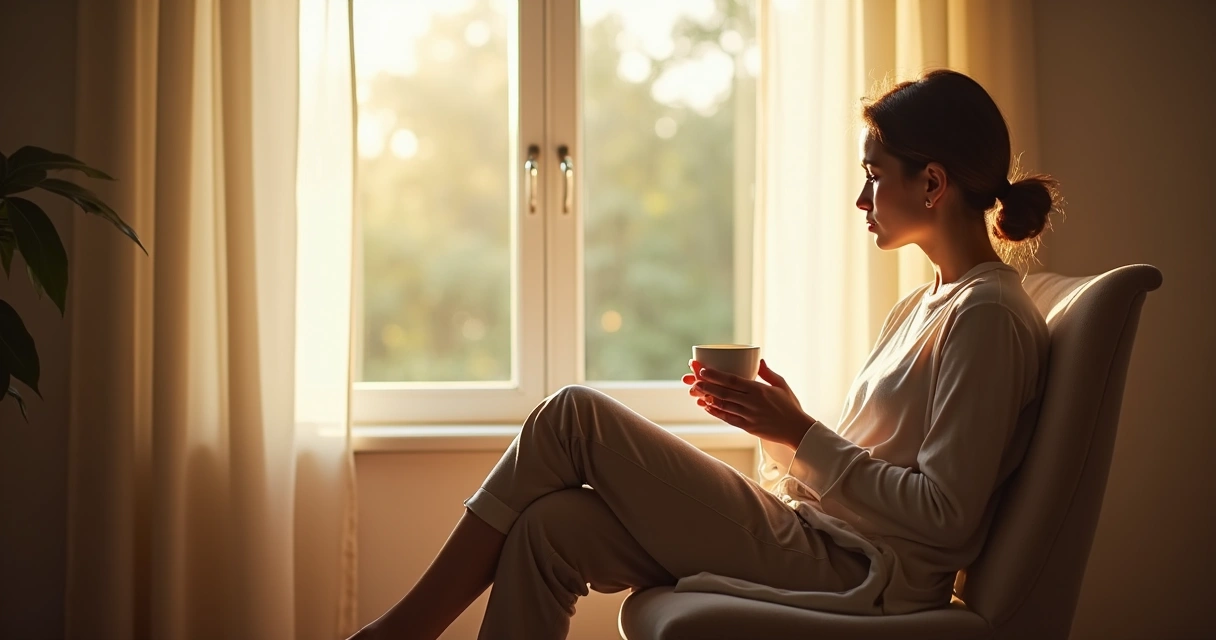 Persona sentada en una silla junto a una ventana, reflexionando en calma con una taza en la mano.