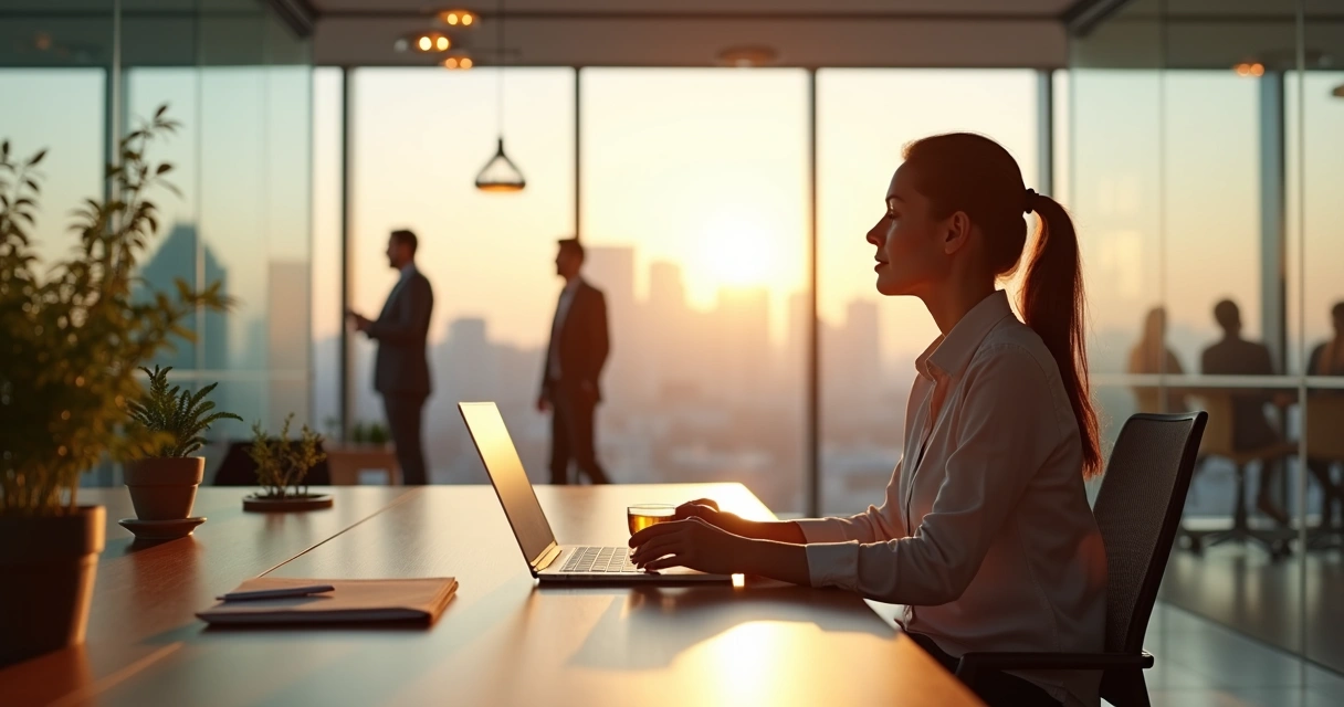 Profissional sentado em escritório moderno fazendo pausa de autocuidado com chá e janela ao fundo 