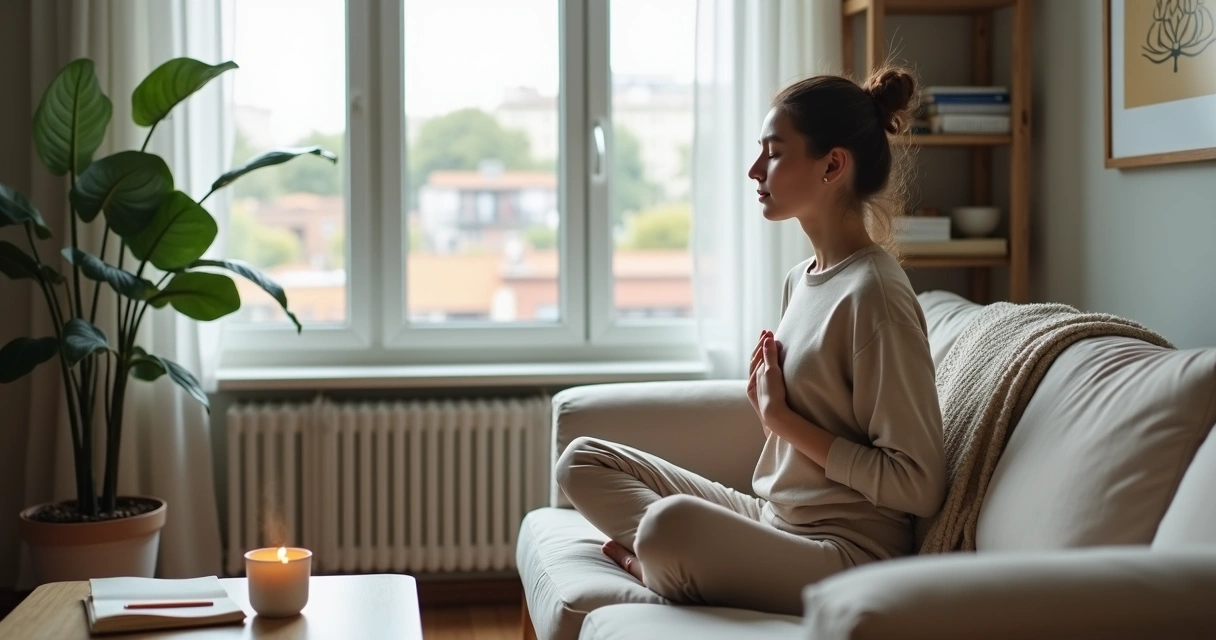 Pessoa sentada perto da janela praticando autocuidado em um dia mentalmente agitado 