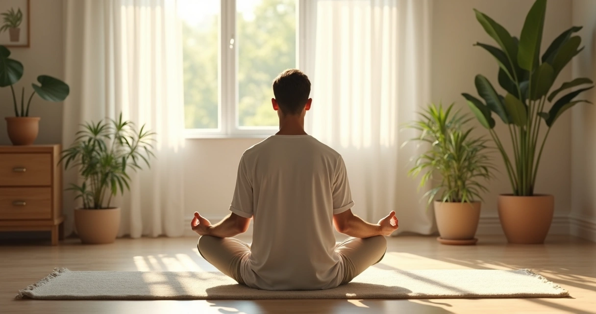 Homem sentado meditando em ambiente tranquilo, luz suave