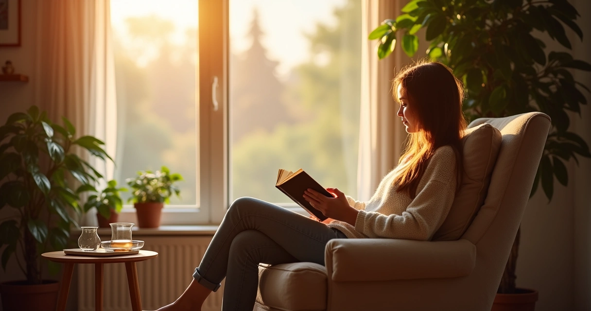 Persona leyendo tranquilamente en casa, luz cálida y ambiente relajado 
