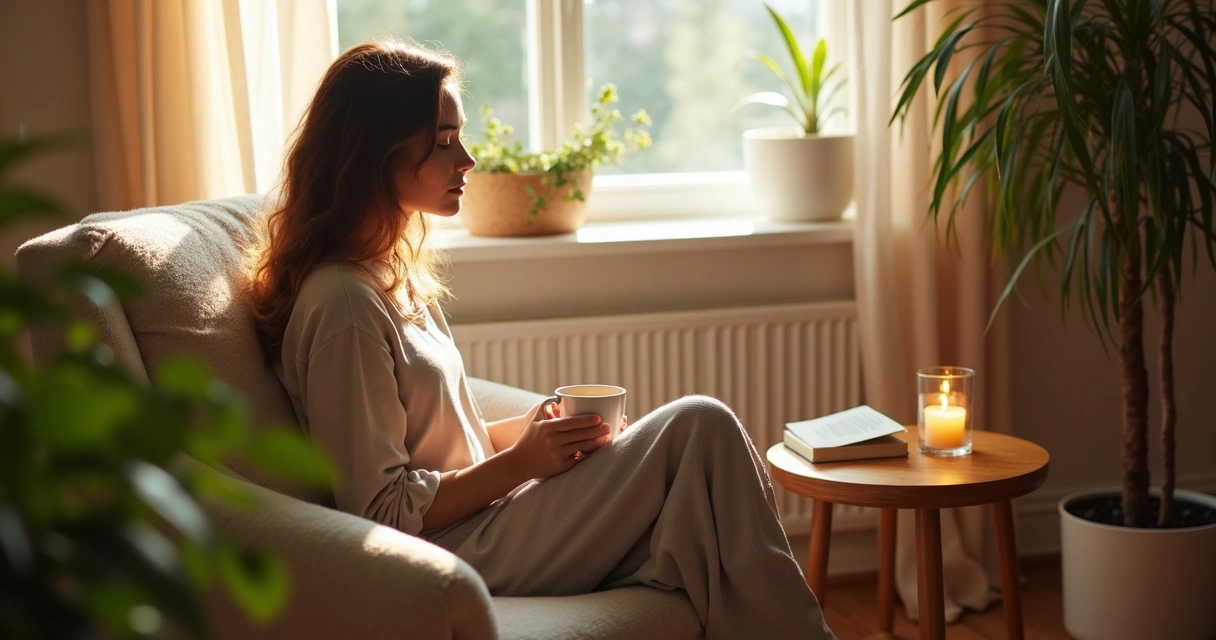 Pessoa realizando um ritual de autocuidado em casa, sentada com um chá e luz suave. 
