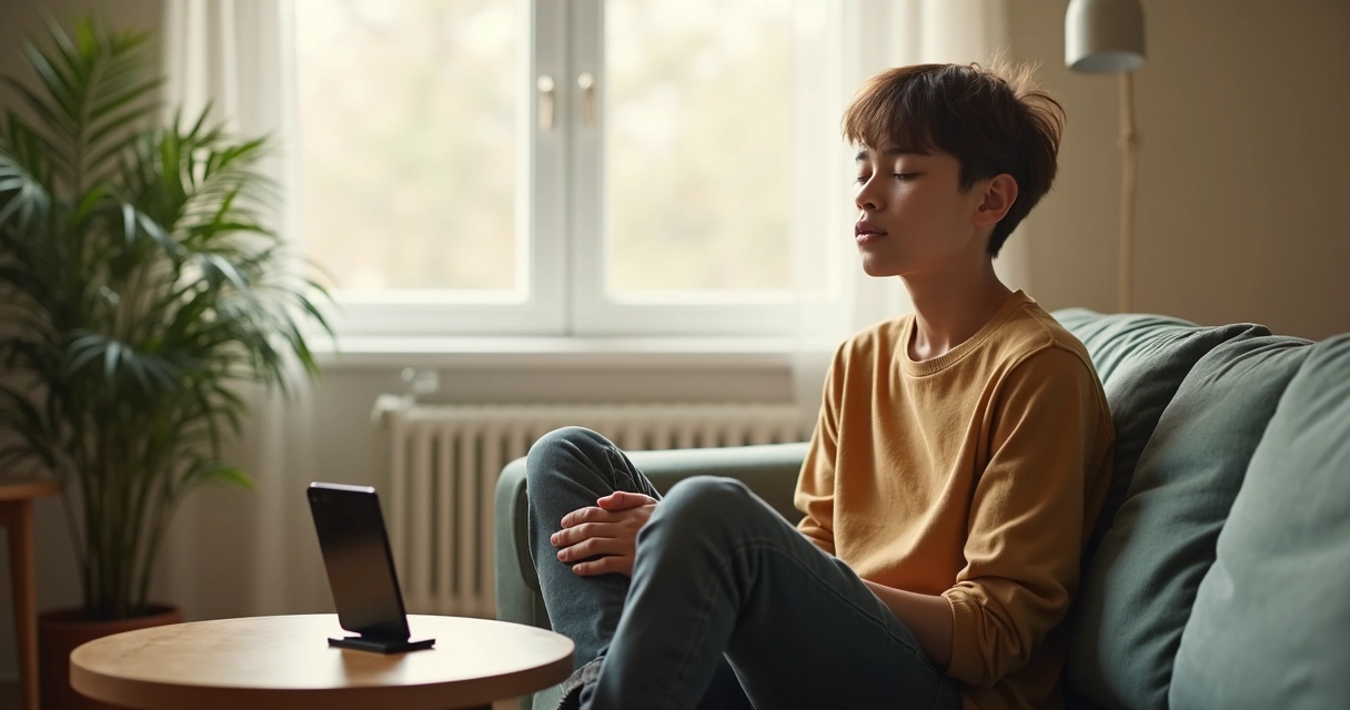 Pessoa jovem sentada em um sofá, olhos fechados, contemplando um celular desligado em cima da mesa 